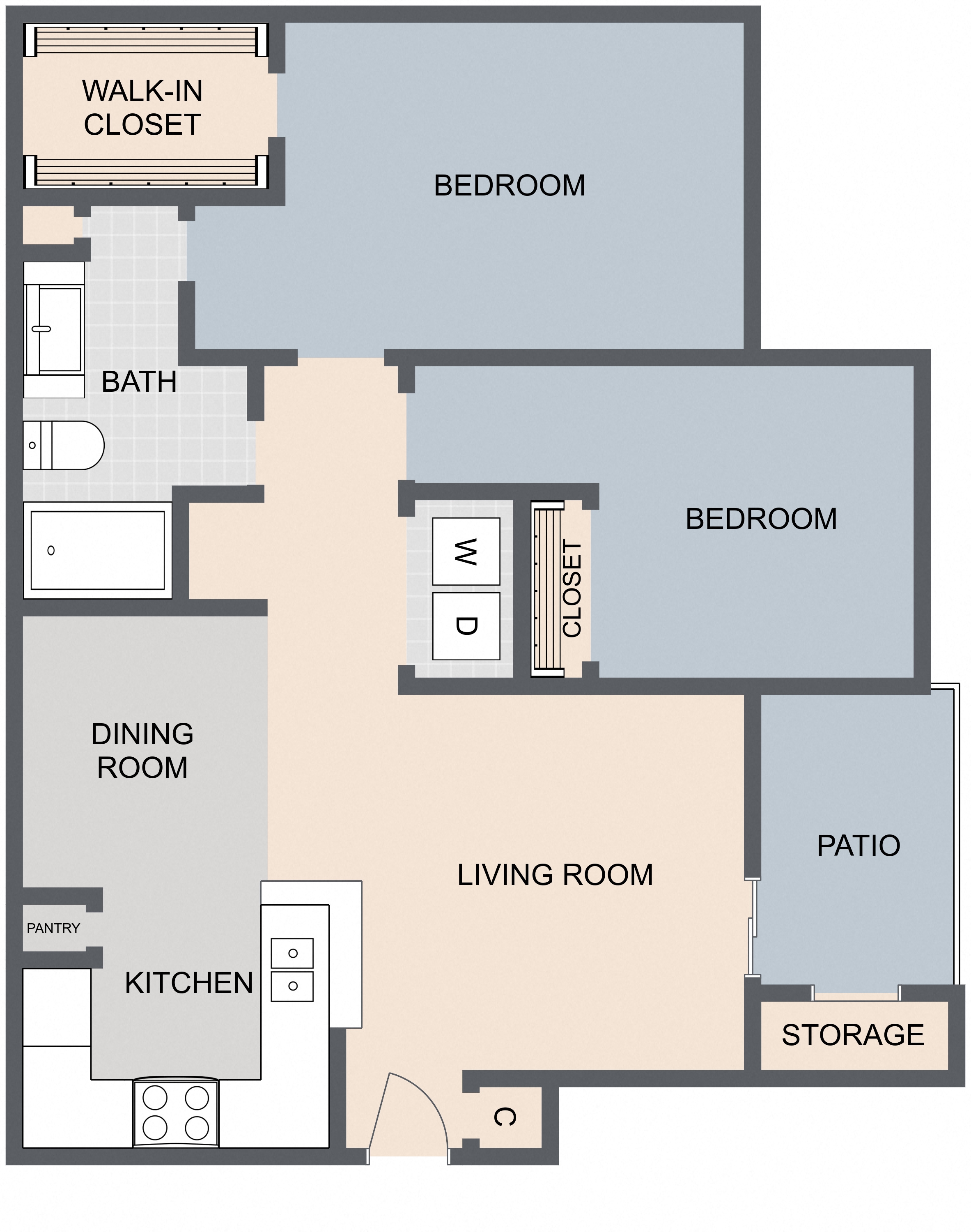 Floor plan for 1 bed, 1 bath, 897 sqft